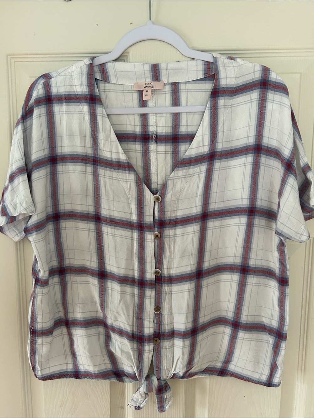 Como Vintage White Plaid Button-Front Tie Hem Top with Red and Blue Stripes